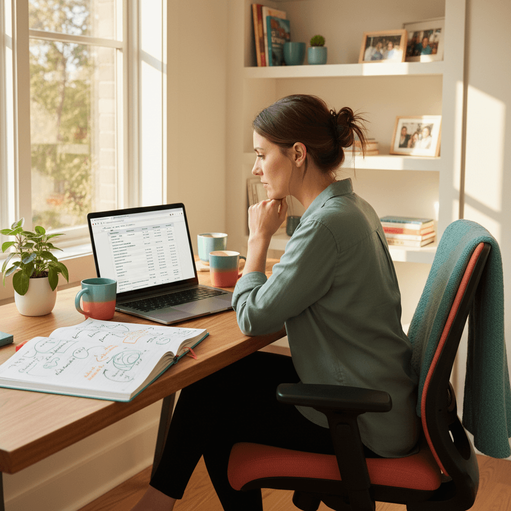 A person reviewing NDIS software pricing on a laptop, with financial documents and a coffee on a desk