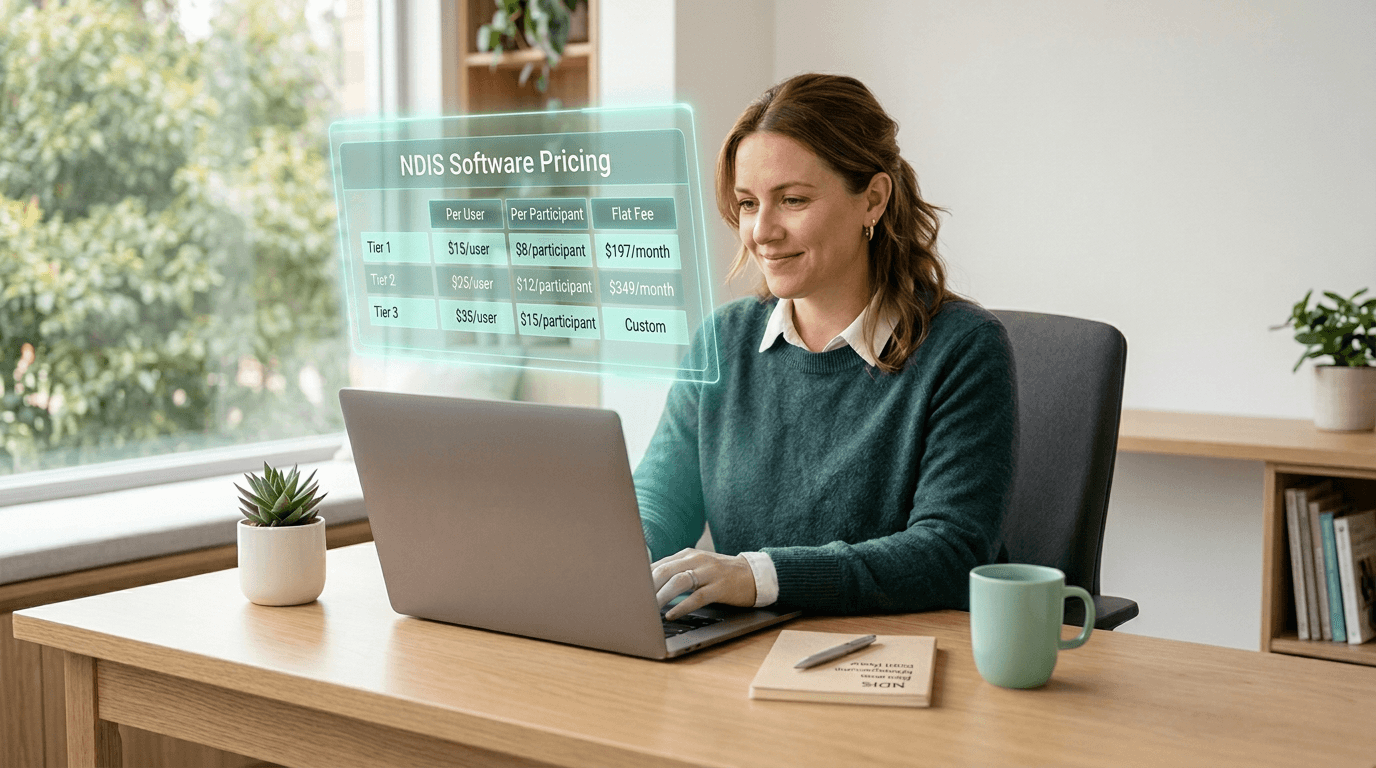 A person reviewing NDIS software pricing on a laptop, with financial documents and a coffee on a desk