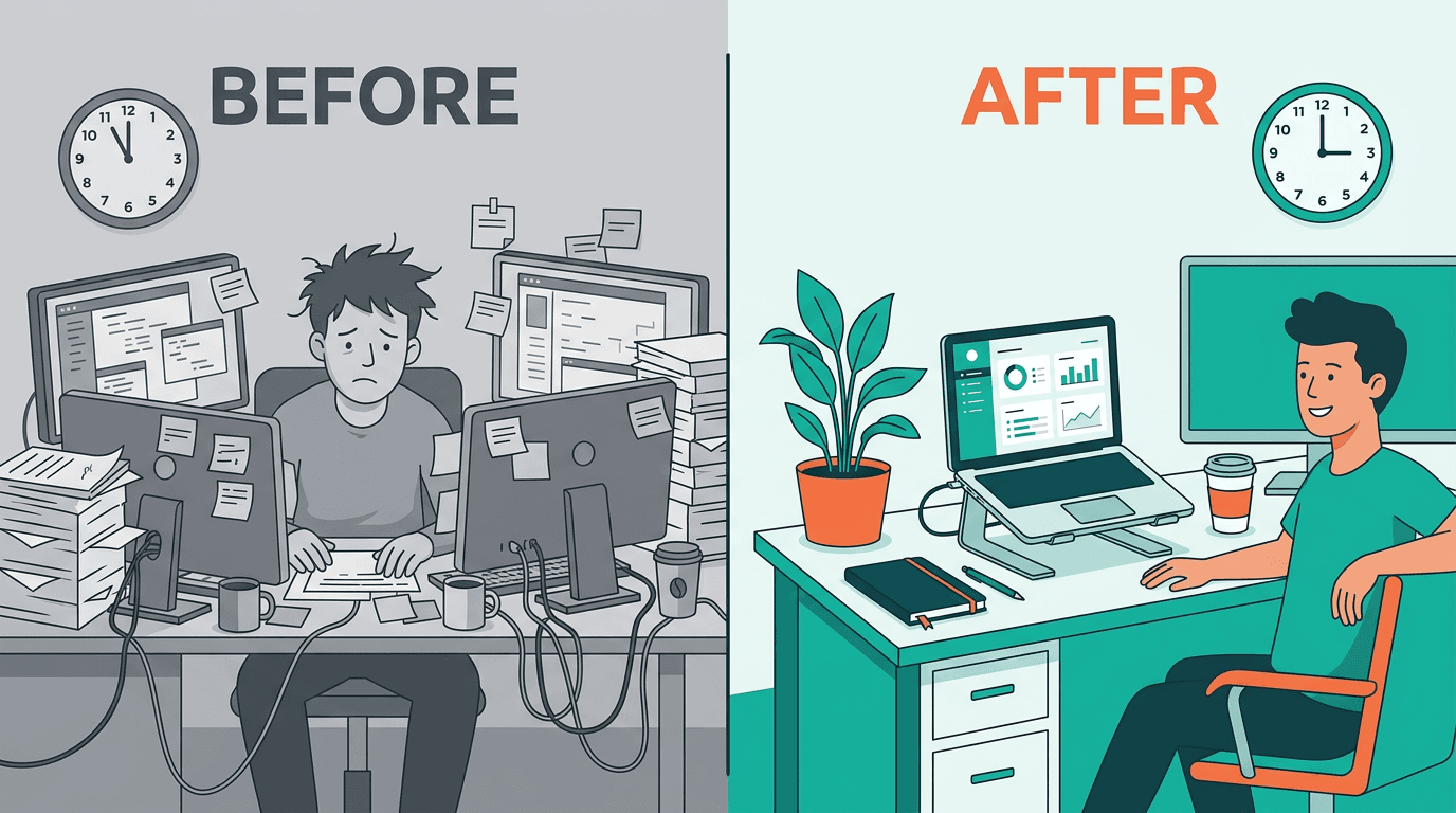 Before and after: cluttered admin vs streamlined workflow