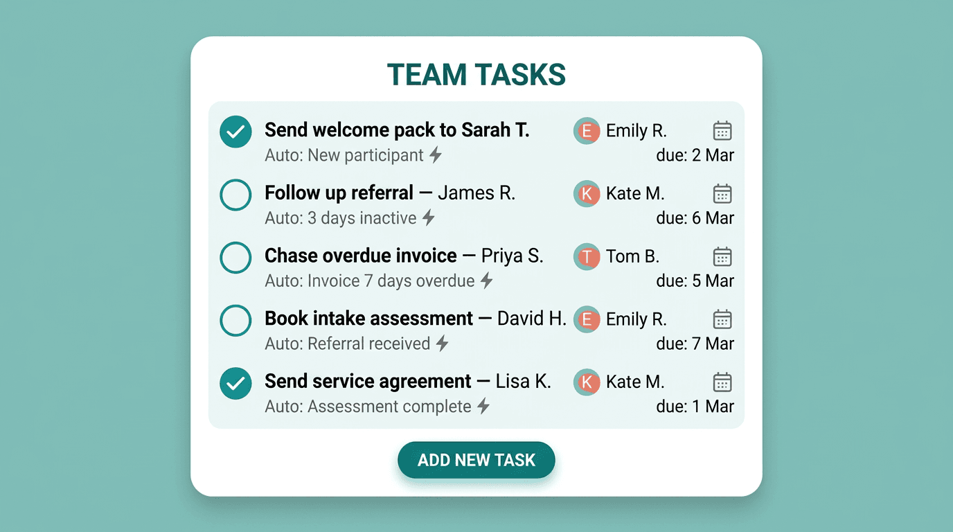Task management view showing automatically created tasks from workflow automation