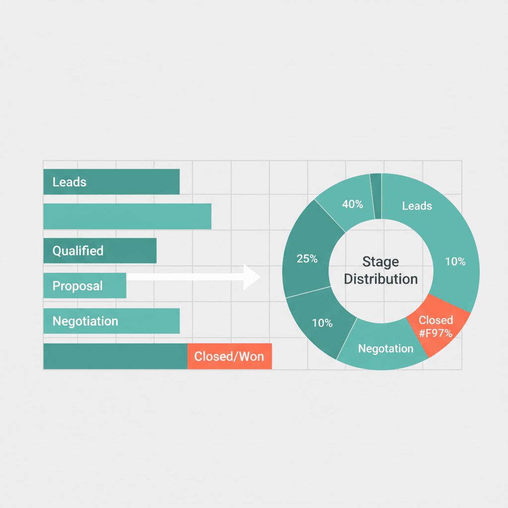 Pipeline overview bar chart and stage distribution donut chart showing contacts at each stage