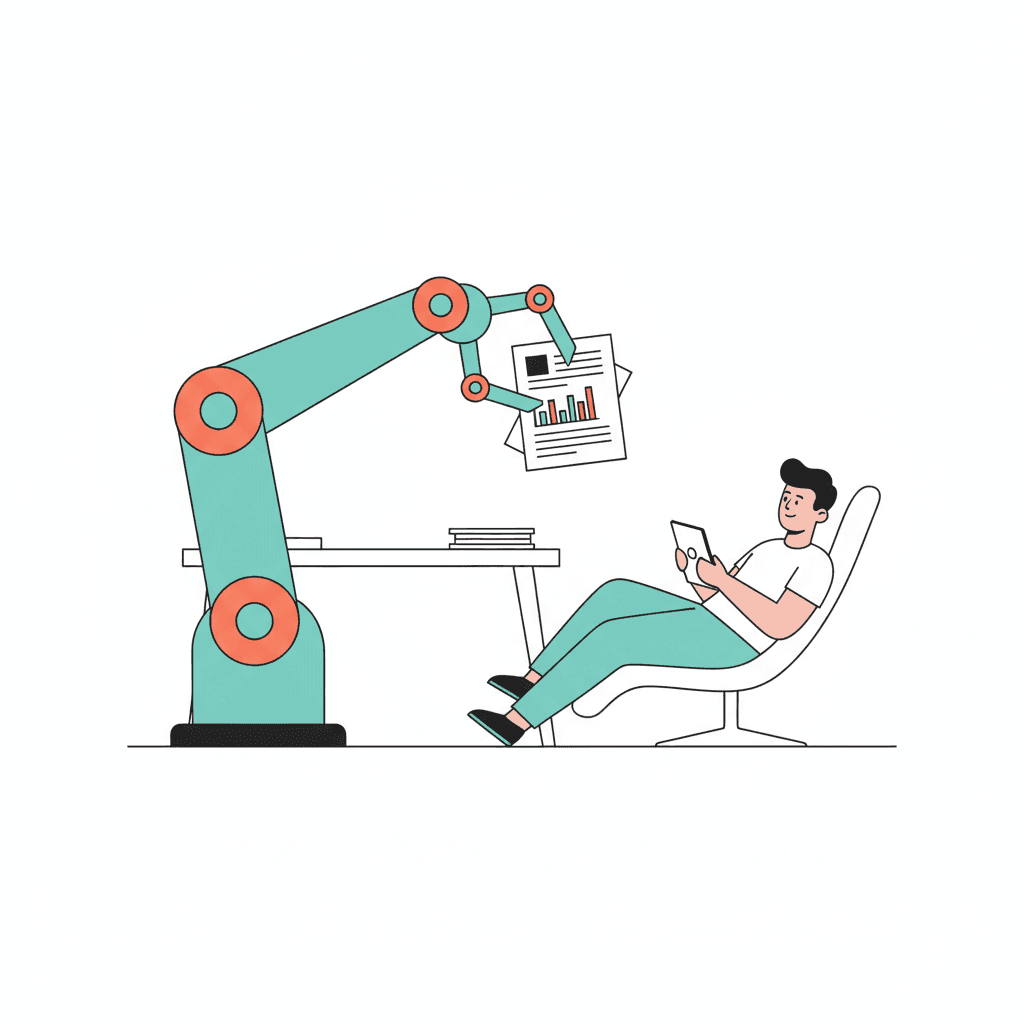 Workflow automation illustration with connected nodes and lightning bolts