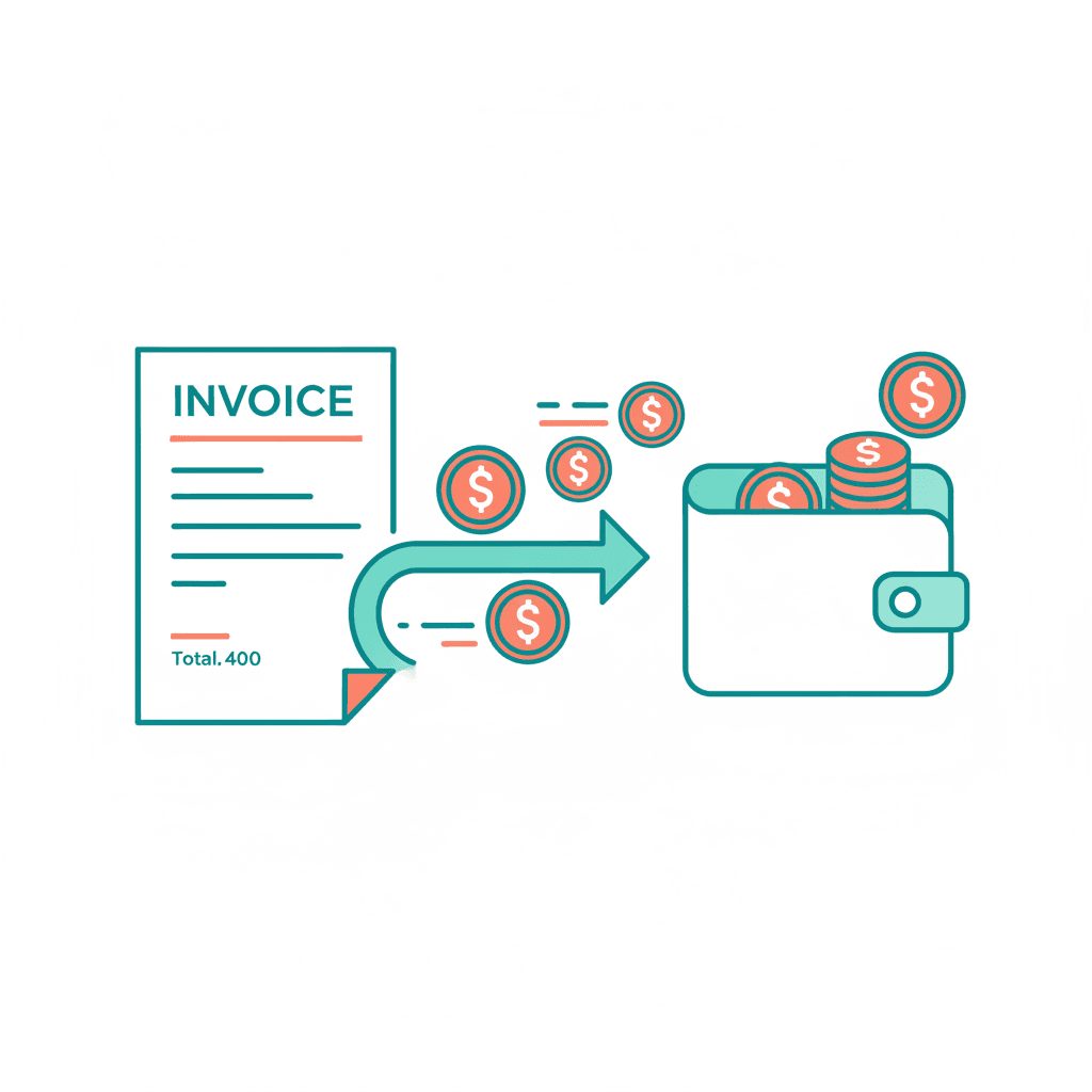 Invoicing illustration with digital invoice, credit card, and payment confirmation