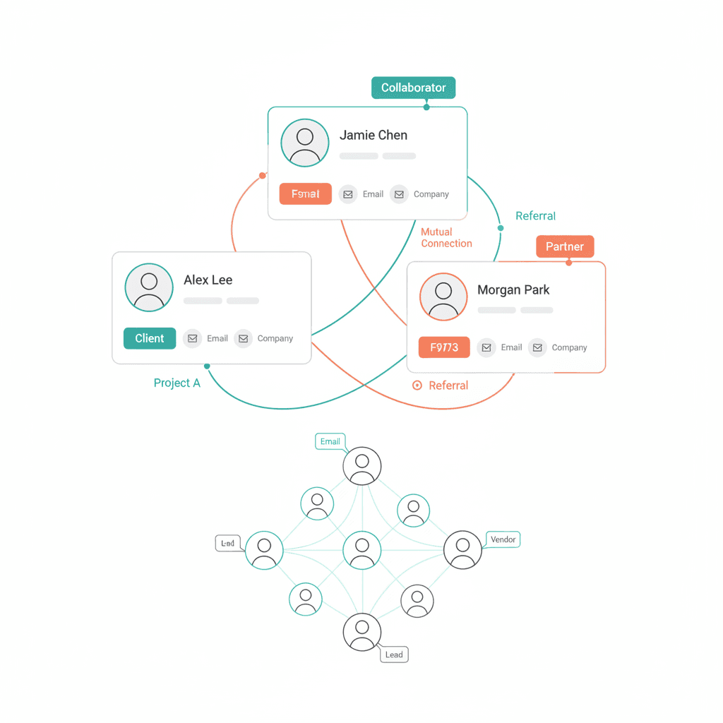 CRM dashboard illustration showing contact cards and pipeline view