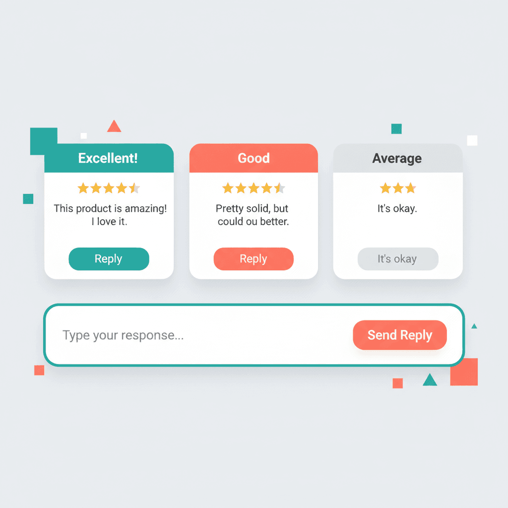 Review monitoring dashboard showing star ratings, review cards, and response tools