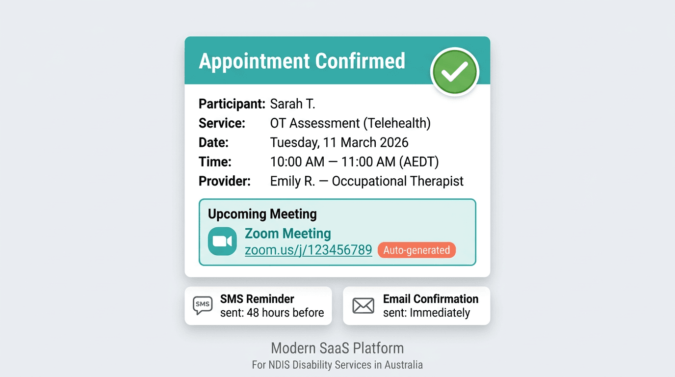 Telehealth appointment with auto-generated Zoom link in booking confirmation