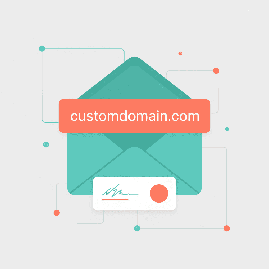 Email configuration panel showing from name, from email, and custom sending domain fields