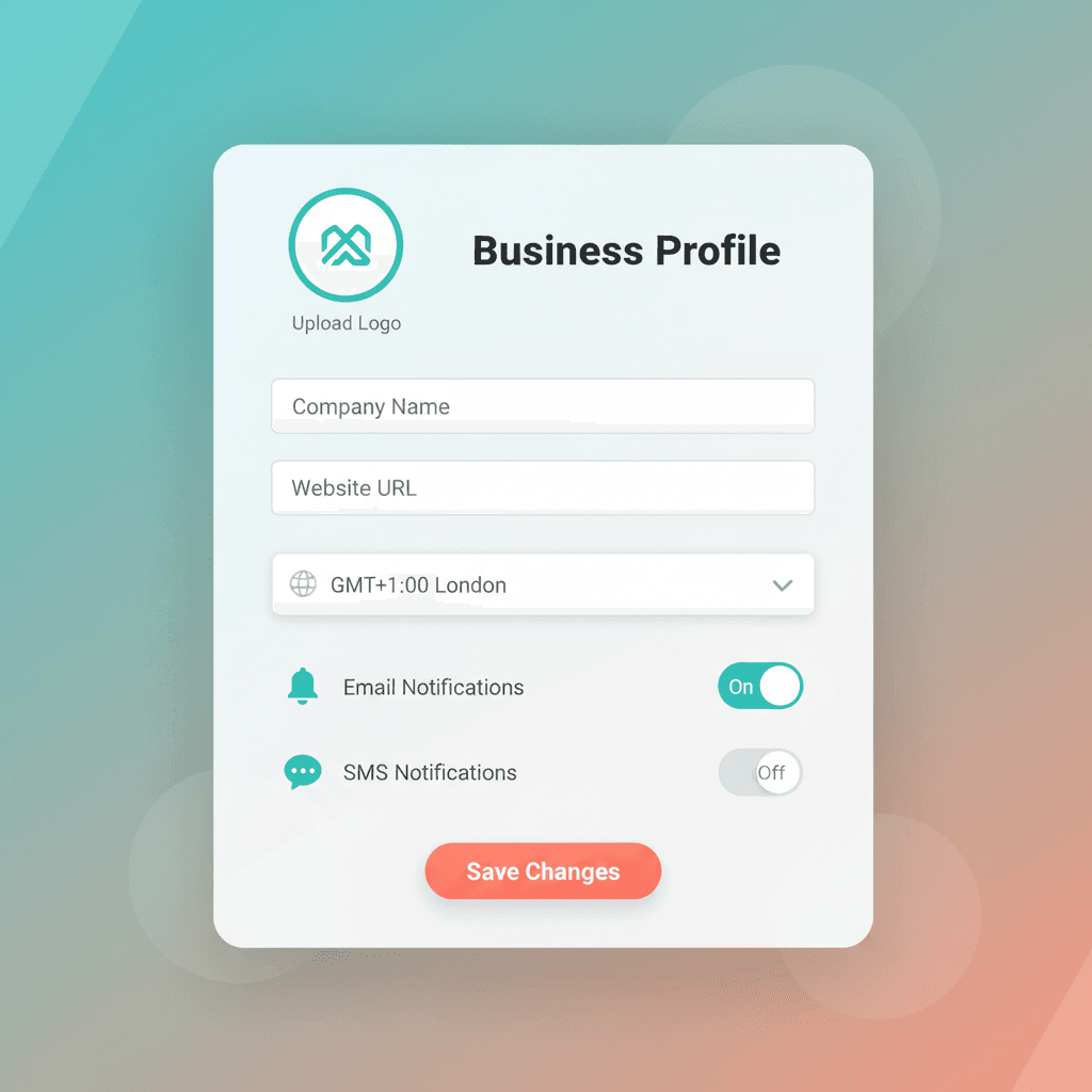 Business profile settings form showing practice name, email, phone, address, and timezone fields