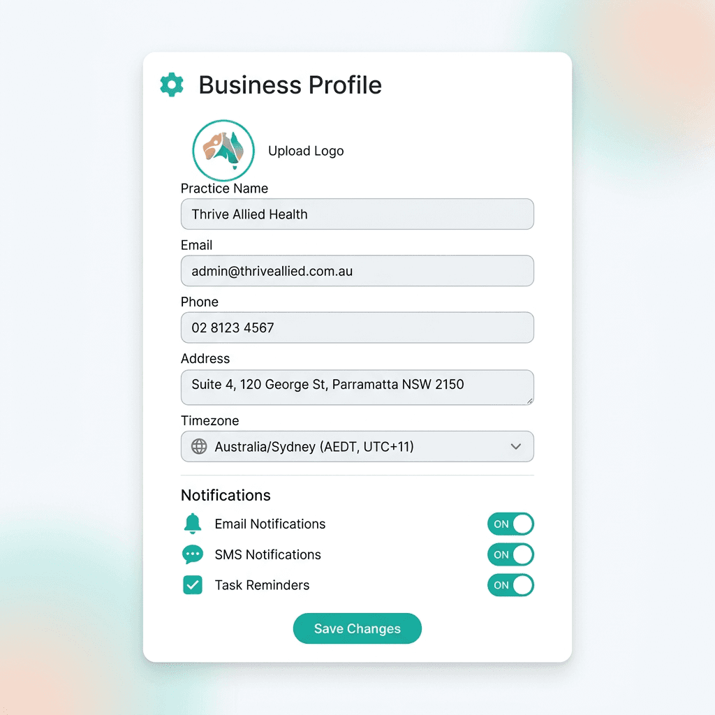 Business profile settings form showing practice name, email, phone, address, and timezone fields