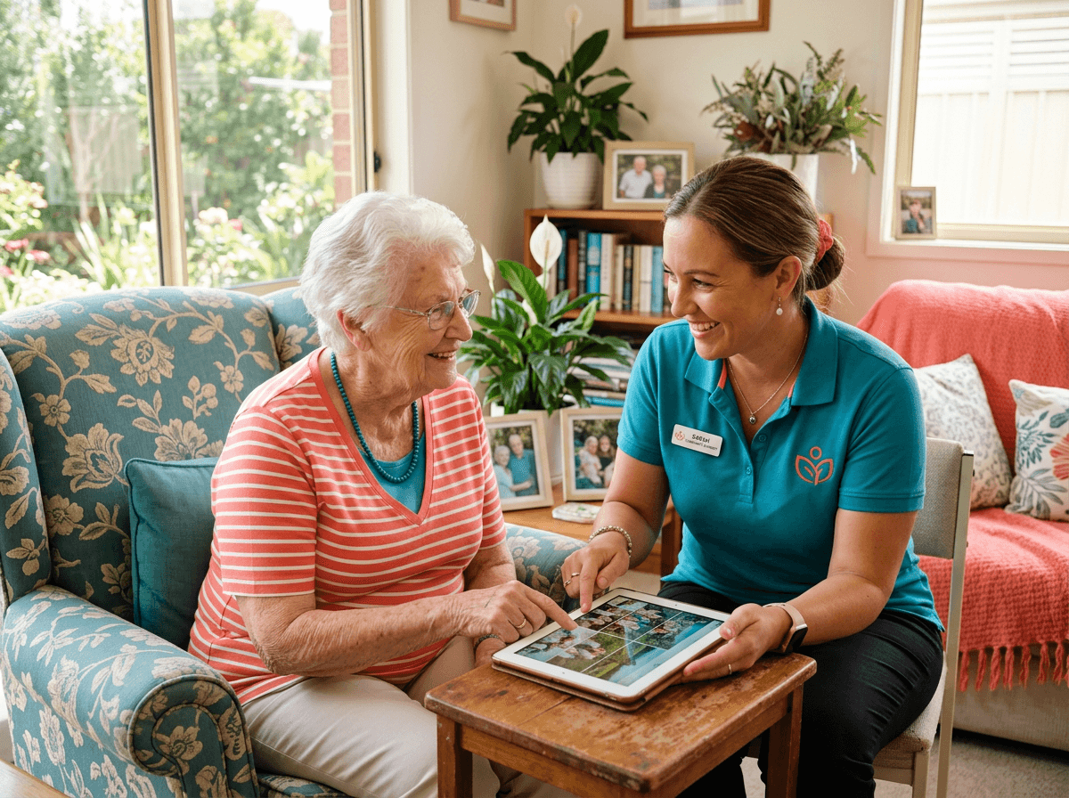 Support worker connecting with a participant in a warm, professional setting