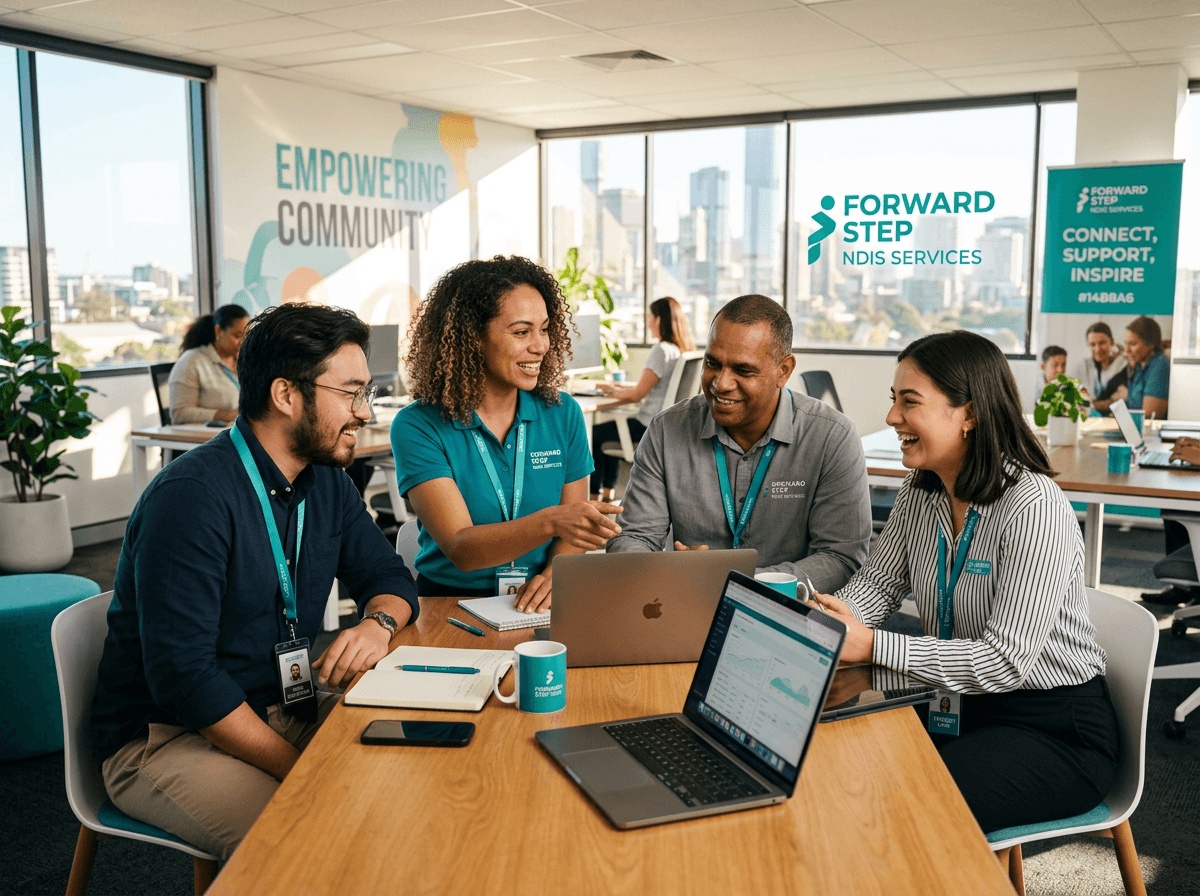 NDIS team collaborating and reviewing client information together